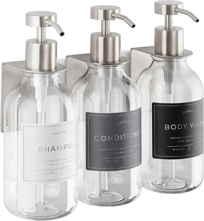 Shampoo & Conditioner Dispenser - Shower Soap Dispenser Wall Mounted - Set of 3 16.9 Oz Plastic Bottles with Pump & Holder - Shampoo Dispenser - Shower Dispenser Chamber No Drill (3 X Clear/Silver) - ModernBath