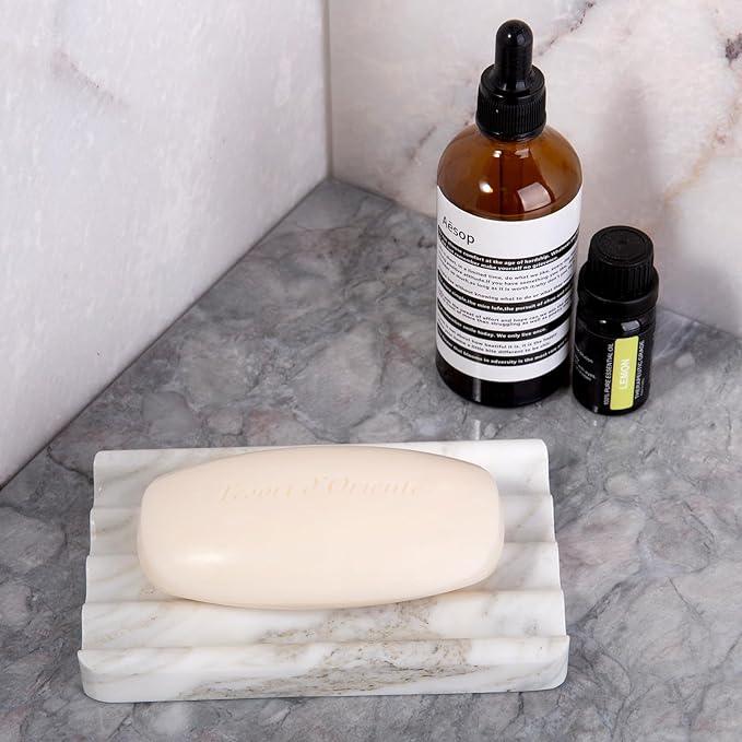 2PCS Koville Italian Natural Marble Soap Dish for Shower, Multi-Color Stone Soap Tray for Bathroom, Bar Soap Holder for Sink, Stripe Grooves Soap Saver Sponge Holder (White/Brown Random) - ModernBath