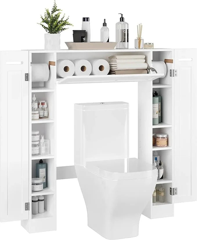 Over The Toilet Storage Cabinet, Bathroom Space Saver with Paper Holder and Adjustable Shelves, Freestanding Toilet Cabinet Organizer with 2 Side Doors and Pull-Down Door, White - ModernBath