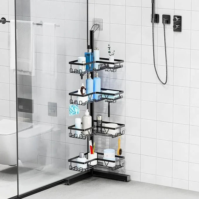 KEGII Corner Shower Caddy Standing – 4-Tier Shower Shelf Organizer with Hooks & Soap Holder, Free-Standing Bathroom Storage Rack for Shampoo & Toiletries, Black - ModernBath