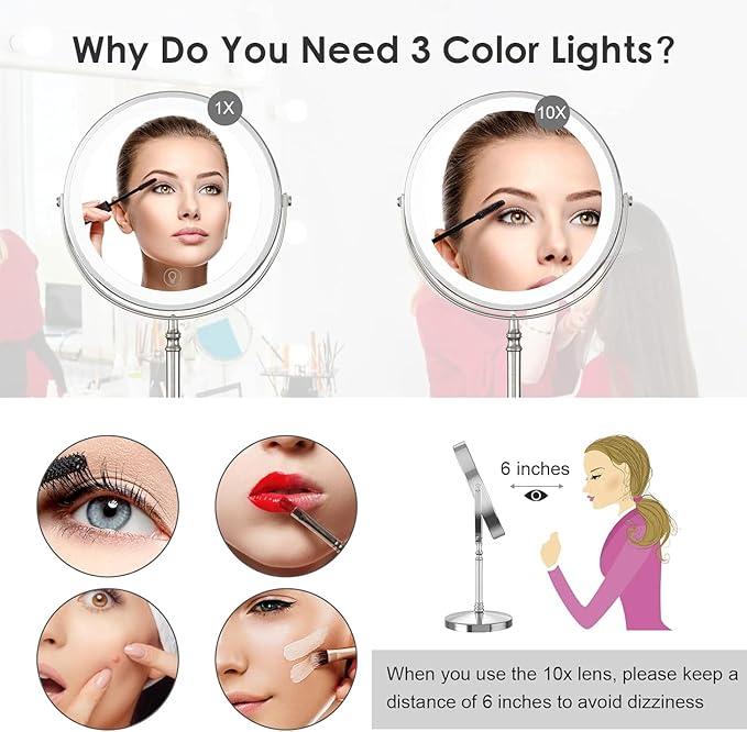 Lighted Makeup Mirror, 3000 mAh Rechargeable Double Sided Magnifying Vanity Mirror with 3 Colors, 1x/10x, 360° Rotation , Brightness Adjustable Magnification Cosmetic Light up Mirror, Women Gift - ModernBath