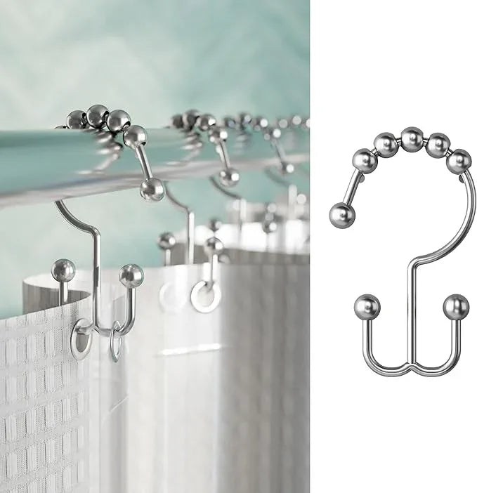 Maytex Shower Curtain Hooks, Shower Curtain Rings, Rust-Resistant Decorative Double Roller Glide Shower Hooks, Shower Rings for Bathroom Shower Rods, Curtains, Liners, Set of 12, Brushed Nickel - ModernBath