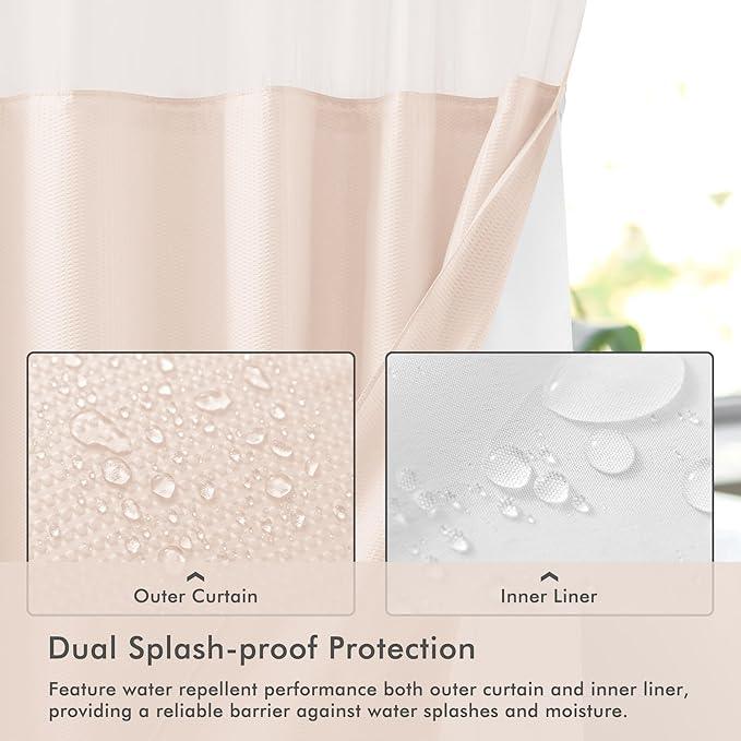 Mrs Awesome No Hook Shower Curtain with Snap-in Liner, Embossed Waffle Design Fabric Shower Curtain for Bathroom, Soft & Lightweight, 71x74, Pink - ModernBath