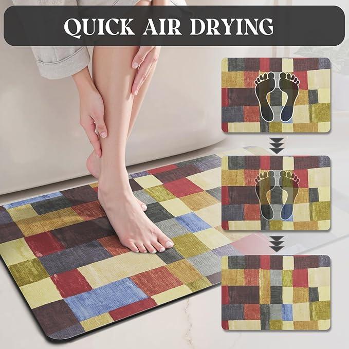 MontVoo -Bath Mat-Non Slip Thin Bathroom Rugs Fit Under Door- Quick Dry Absorbent Faux Suede Surface Grey Bathroom Floor Mats-Shower Rug for in Front of Bathtub Shower Retro Colors Plaid 16x24 - ModernBath