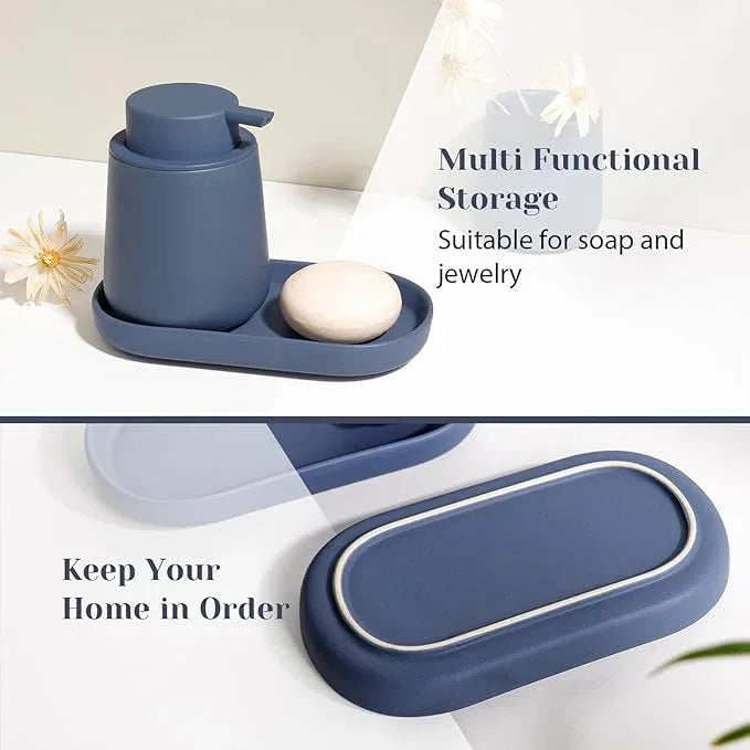 INGOFIN 3 Pcs Ceramic Bathroom Accessory Set - Liquid Soap Dispenser, Toothbrush Holder & Tray, Bathroom Counter Set, Countertop Essentials for Home, Guest Bathroom, or Office Use, Matte Blue - ModernBath