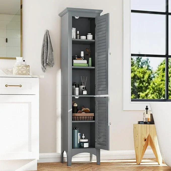 Tangkula 63" Tall Bathroom Storage Cabinet, Freestanding Narrow Linen Tower with Adjustable Shelf, Modern Slim Floor Cabinet with 2 Doors for Bathroom, Living Room, Kitchen (Grey) - ModernBath