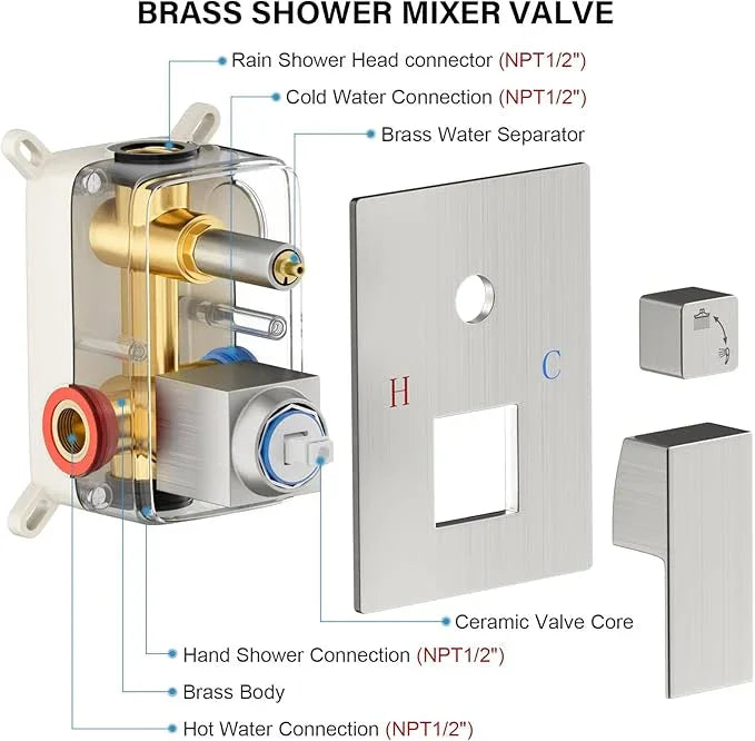 FPXRNG Shower Faucet Set Bathroom Square Rain Shower Head and Handle Set, Wall Mounted Shower Fixtures, Full Metal Trim Repair Kit 12 inch Brushed Nickel (With Shower Valve) - ModernBath