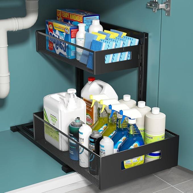 Under Sink Organizer, Metal Under Sink Organizers and Storage, Slide Out Pull Out Cabinet Organizer for Kitchen, Bathroom, Pantry, Laundry, Study, Black - ModernBath