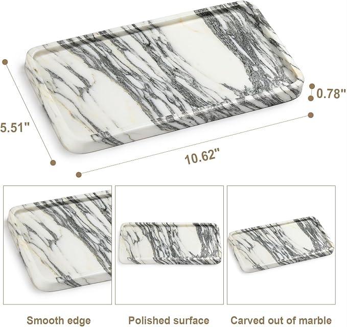 Natural Marble Vanity Tray - Moujings Genuine Marble Perfume Tray for Bathroom Decor, Stone Bathroom Vanity Organizer Tray for Kitchen Counter, Candles, Jewelry, Coffee, Makeup, Key - ModernBath