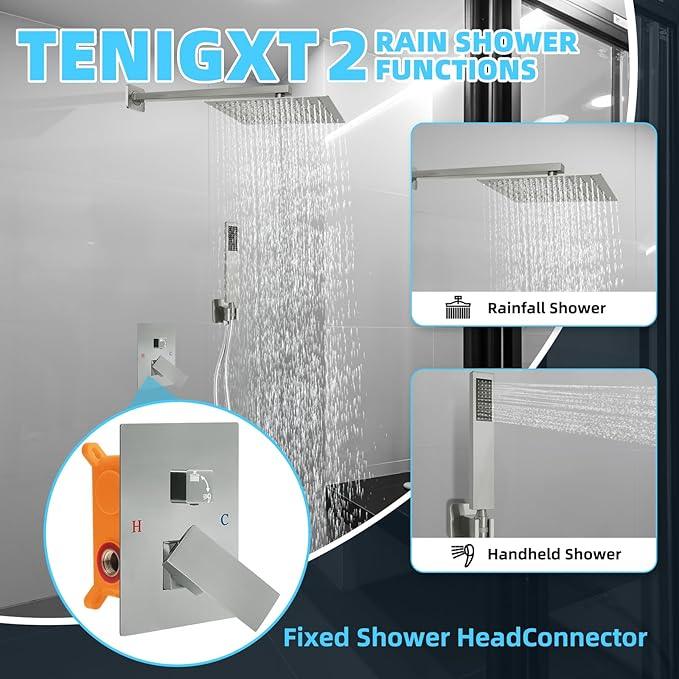 TENIGXT Bathroom Shower Faucet Set，12 Inch Rain Shower Head with Handheld Spray，Brass Shower Valve Trim Kit，Wall Mounted Square Rain Shower System (Brushed Nickel) - ModernBath