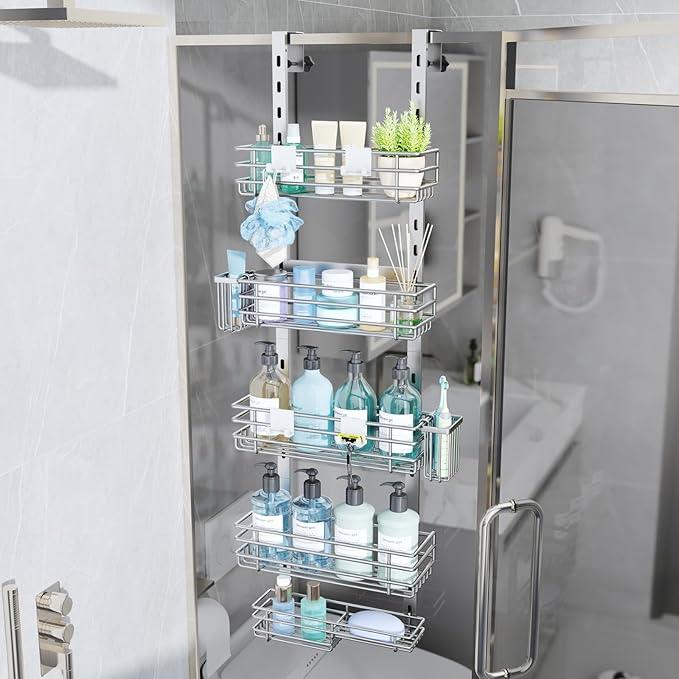 Consumest Over The Door Shower Caddy - 5 Tier Adjustable Shower Organizer Hanging with 2 Toothbrush Holders & 4 Hooks, Rustproof Organizer Shelf, Storage Rack for Bathroom, Silver - ModernBath