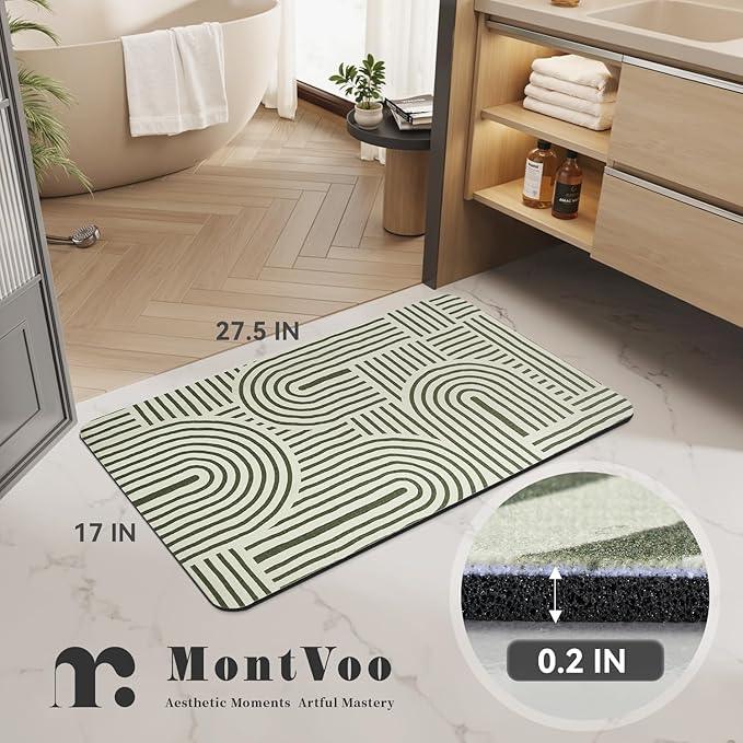 MontVoo -Bath Mat-Non Slip Thin Bathroom Rugs Fit Under Door- Quick Dry Absorbent Faux Suede Surface Grey Bathroom Floor Mats-Shower Rug for in Front of Bathtub Shower Ivory & Green Arched 17x27.5 - ModernBath