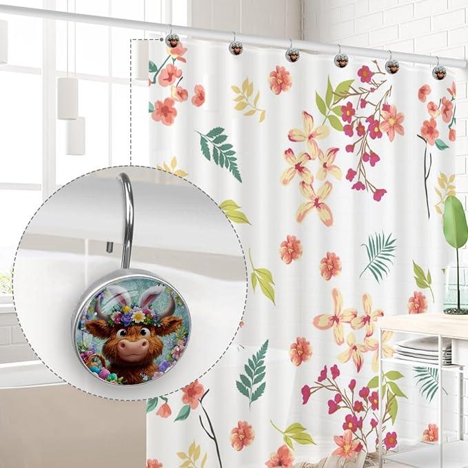 Easter Highland Cows and Florals Shower Curtain Hooks 12Pcs, Decorative Rust Resistant Shower Rings for Shower Curtain Rods, Stainless Steel Round Curtain Hooks for Bathroom, Bedroom, Farmhouse - ModernBath