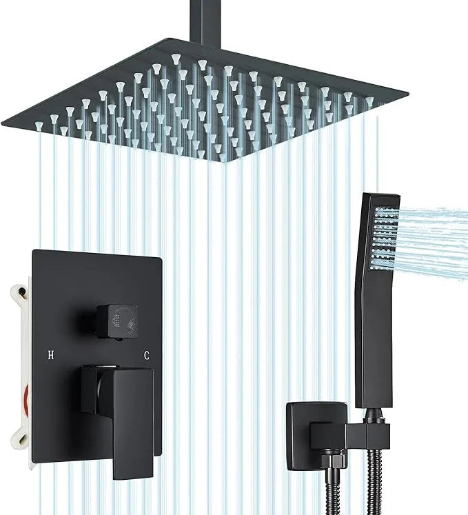 Shower Faucet Set Matte Balck Rain Shower System with High Pressure 8 Inches Rain Shower Head and Handheld Spray Bathroom Luxury Mixer Shower Faucet Set Complete Combo Set Ceiling Mounted - ModernBath