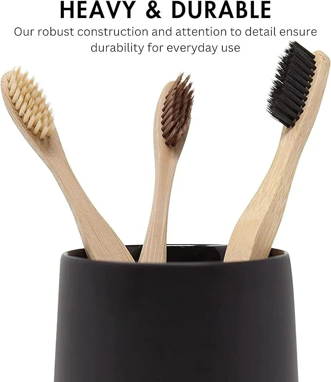 Yew Design Matte Black Toothbrush and Toothpaste Holder and Cup for Bathroom Vanity and Countertop, Round Organizer for Electric Toothbrushes, Floss, Razors, Cotton, and Mouthwash - ModernBath