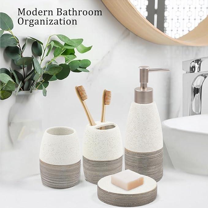 CERBIOR Bathroom Accessories Set,4 Pcs Ceramic Bathroom Decor Accessory,Includes Toothbrush Holder, Toothbrush Cup, Soap Dish for Decorative Countertop and Housewarming Gift, (Grey White) - ModernBath