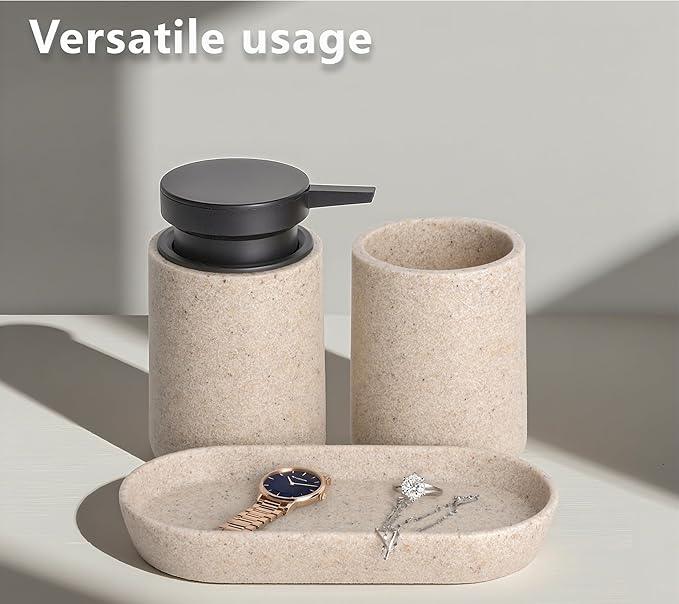 Clasin Home 3 Pcs Bathroom Accessories Set, Liquid Soap Dispenser with Large Pump, Toothbrush Holder Cup and Soap Dish, Sandstone Texture Bathroom Counter Set for Modern Home (Beige) - ModernBath