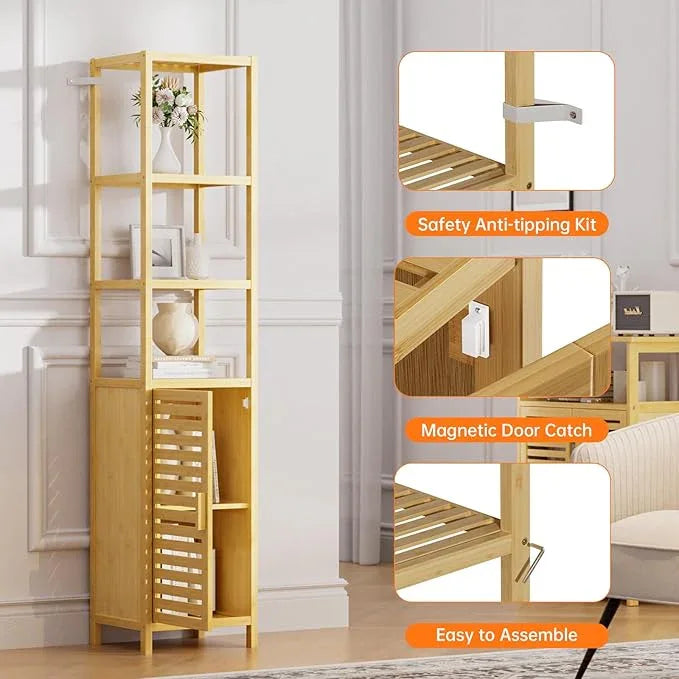 HITNET Bathroom Floor Cabinet, 6 Tier Tall Thin Linen Tower Storage Cabinet Free Standing Bamboo, Kitchen Side Organizer with 3 Shelves and Cupboard, Natural - ModernBath