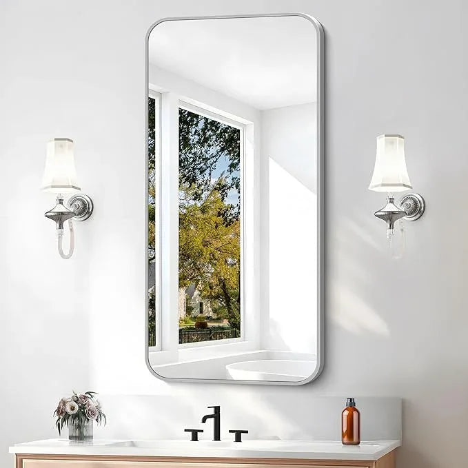 BONEWEI Silver Bathroom Mirror,20x40 inch Wall Mirror for Bathroom Wall Mounted,Rectangle Mirror for Bathroom Over Sink,Modern Frame Round Corner for Living Room,Bedroom Entryway,Horizontal/Vertical - ModernBath