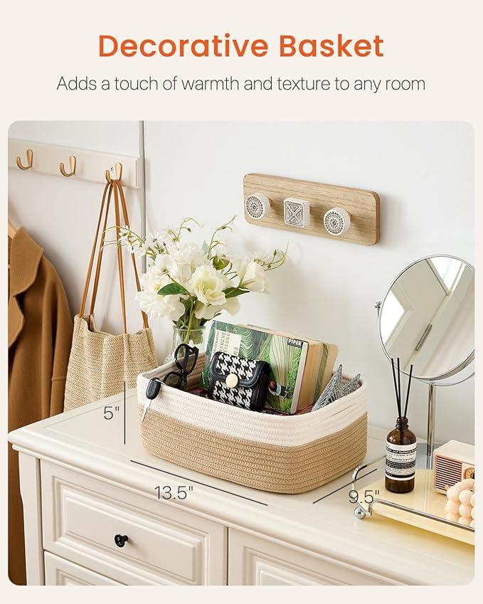Small Woven Basket, 13.5 x 9.5 x 5 Inches, Storage Basket for Organizing, Cute Small Rope Shelf Closet Cube Storage Bins Baskets for Shelves, Dog Toy Gift Baskets Empty, 3 Pack White & Brown - ModernBath
