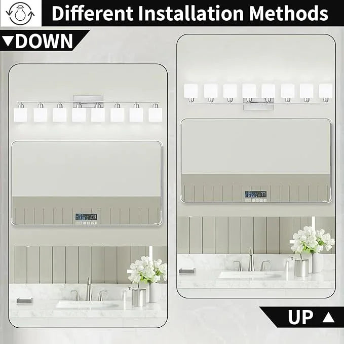 Brushed Nickel Light Fixture Bathroom for Huge Mirror, 8 Light Mirror Lights with Milky White Frosted Glass Shades, 51 inch Bathroom Mirror Lights for Mirrorss, E26 Socket - ModernBath