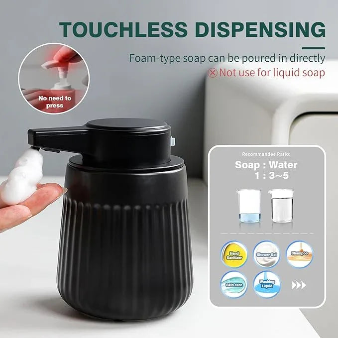 BosilunLife Ceramic Automatic Soap Dispenser with Extended Pump Nozzle, 3 Adjustable Levels, Touchless Foam Hand Wash Foaming Dispenser for Bathroom & Kitchen, Striped Design, Black, 10oz - ModernBath