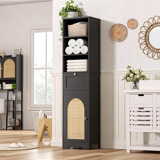 67"H Bathroom Storage Cabinet with Rattan Doors and Slide Storage, Tall Narrow Standing Tower Cabinet with Adjustable Shelves, Small Bathroom Floor Organizer for Entryway, Kitchen, Black - ModernBath