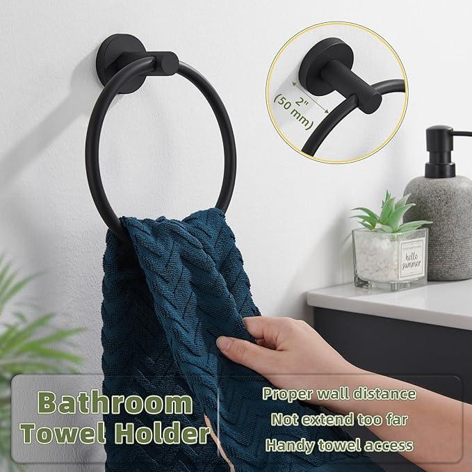 APLusee Round Hand Towel Ring for Bathroom Wall, Solid Stainless Steel Wall Mounted Bathroom Towel Holder, Modern Matte Black - ModernBath