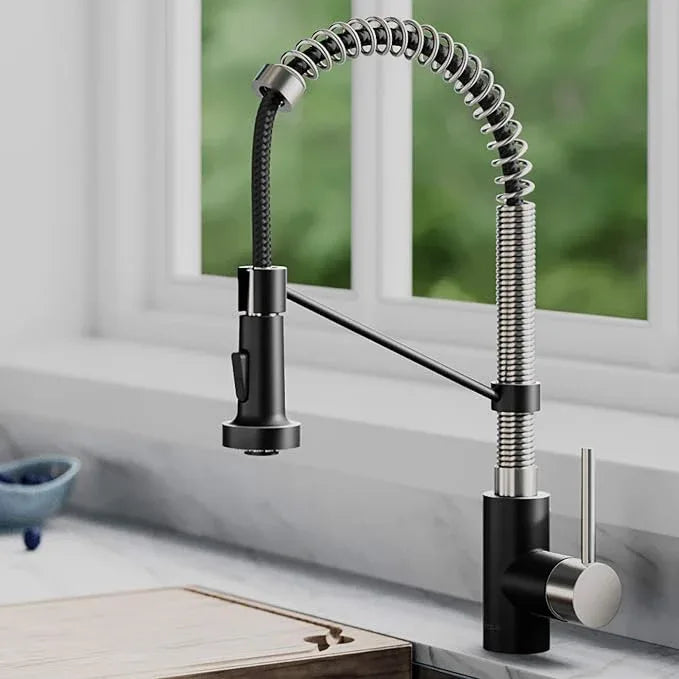 KRAUS Bolden 18-Inch Single Handle Spot Free Stainless Steel/Matte Black Commercial Style Pull-Down Kitchen Faucet with Dual Function Sprayer, KPF-1610SFSMB (Pack of 1) - ModernBath