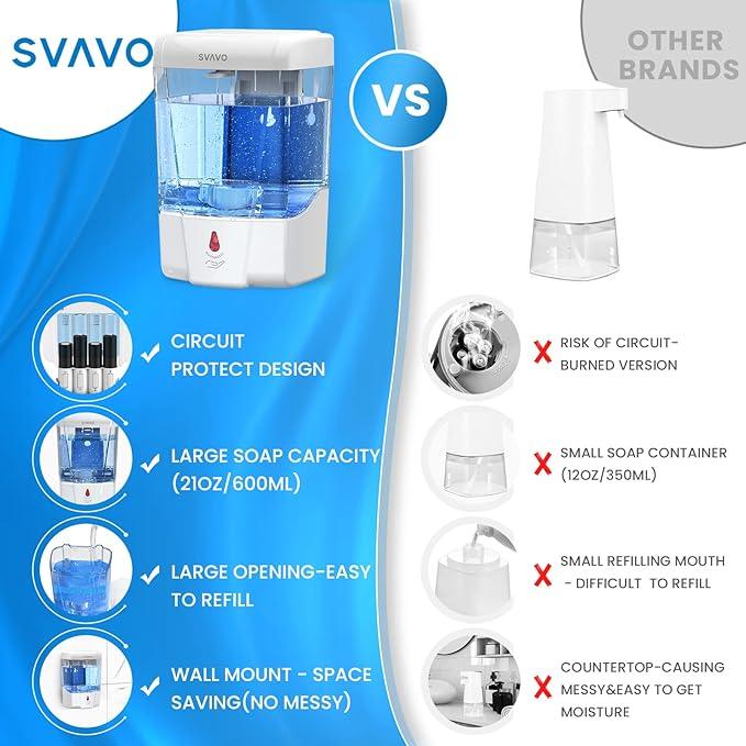 SVAVO Automatic Soap Dispenser Touchless, 21oz/600ml Soap Dispenser Wall Mount, Liquid Soap Dispensers for Hand Soap Refill, Bathroom, Kitchen, Household, Commercial Place, ABS Plastic White - ModernBath