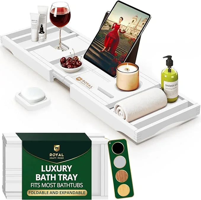 ROYAL CRAFT WOOD Premium Foldable Bathtub Tray - Wood Bath Tray for Tub, Bamboo Shelf, Expandable Bath Table Trays, Bathtub & Bathroom Accessories for New Home & Mothers Day & Birthday Gifts for Mom - ModernBath