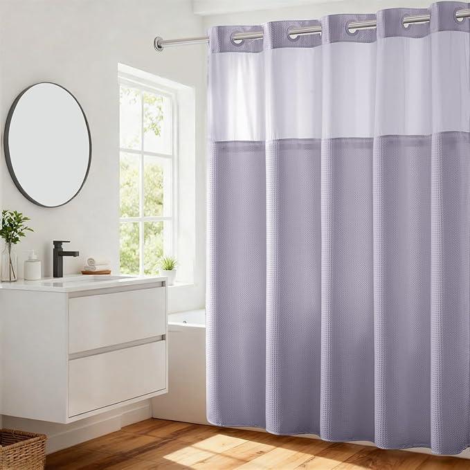 River Dream Heavyweight No Hooks Required Dotted Waffle Weave Shower Curtain with Snap in Liner - 71W x 74H,Hotel Grade,Spa Like Bath Curtain,Lilac - ModernBath