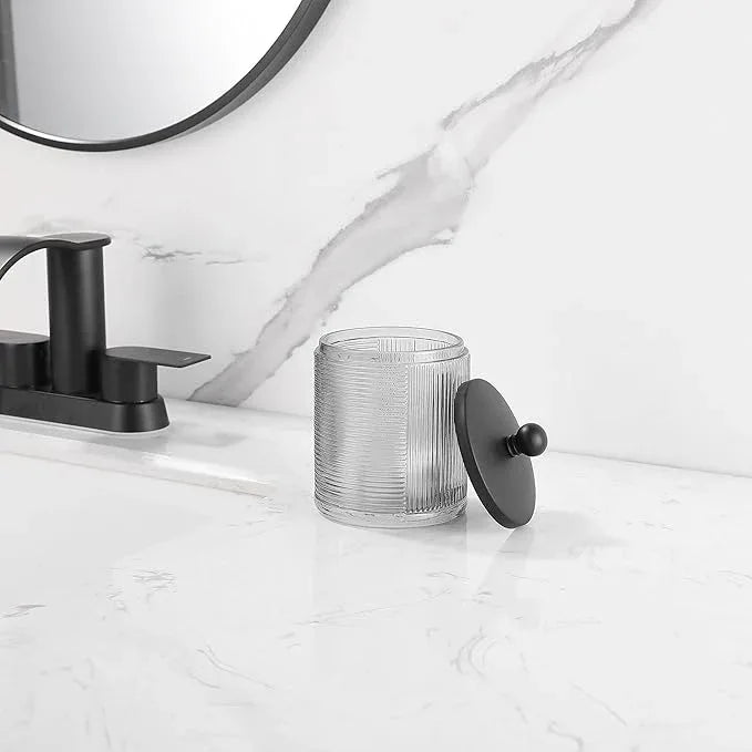 Indecor Home Gray Colored Tranlucent Apothecary Ribbed Geo Etched Glass Jar W/Matte Black Metal Lid Cover for Bathroom Organization, Cotton Balls, Q Tips, and Small Accessories, Bathroom Storage - ModernBath