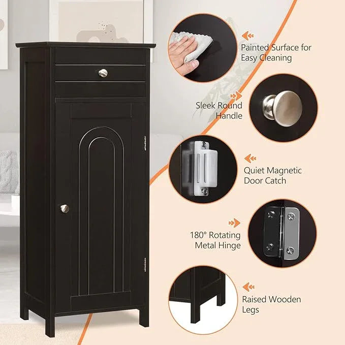 COSTWAY Bathroom Storage Cabinet, Single Door Floor Cabinet with Drawer and 3-Level Adjustable Shelves, Modern Side Storage Organizer with Anti-Tipping Device for Living Room, Bedroom (Brown) - ModernBath