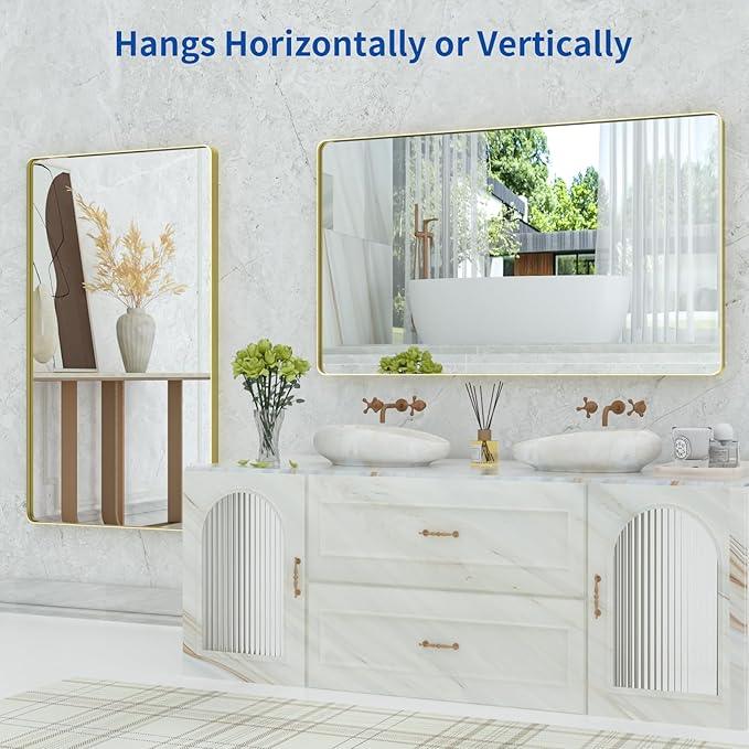 WEER Gold Bathroom Mirror, 55X30 Inch Brushed Gold Metal Frame Mirror, Rounded Rectangle Gold Bathroom Vanity Mirror for Wall, Tempered Glass, Anti-Rust, Hangs Horizontally or Vertically - ModernBath