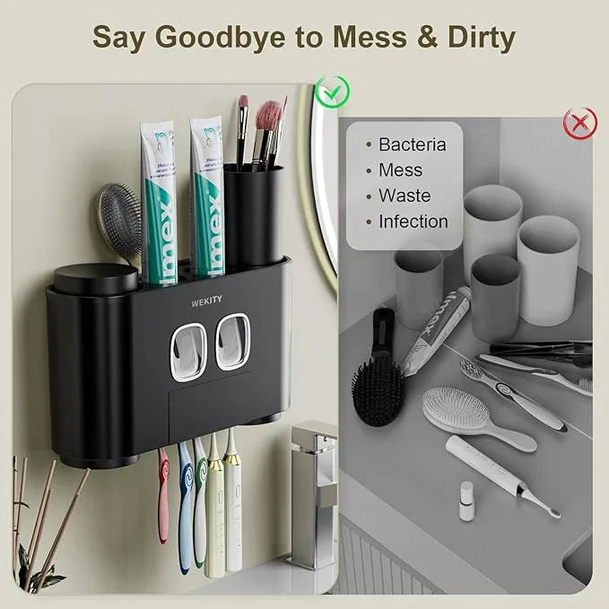 Toothbrush Holder Multi-Function Wall-Mounted, Automatic Toothpaste Dispenser & Dust-Proof Toothbrush Holder with 5 Brush Slots 4 Cups 2 Automatic Toothpaste Dispensers 1 Storage Slot (Black) - ModernBath