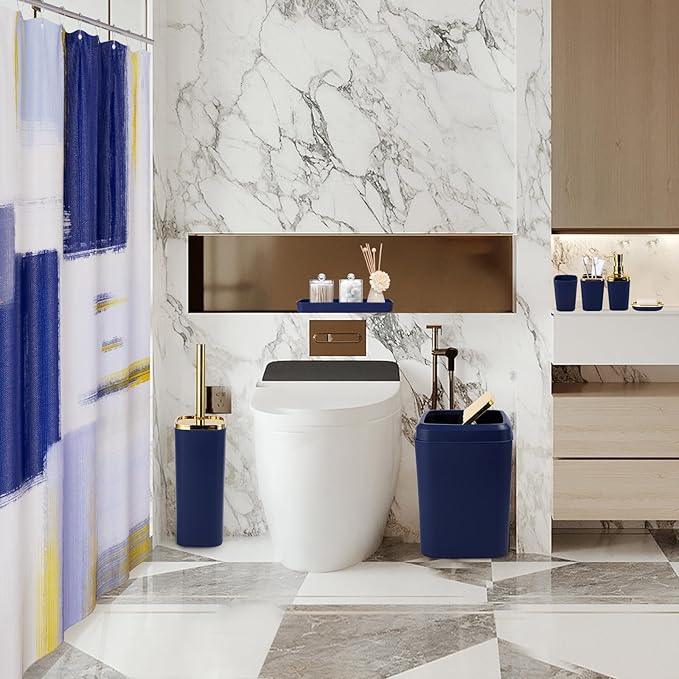 XLHOMO Blue and Gold Bathroom Accessories Set, Bathroom Sets with Shower Curtain, Blue Bathroom Accessories with Trash Can, Soap Dispenser, Soap Dish, Toilet Brush Holder, Qtip Holders for Bathroom - ModernBath