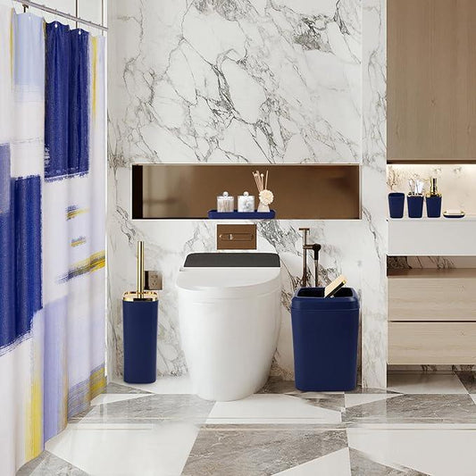 XLHOMO Blue and Gold Bathroom Accessories Set, Bathroom Sets with Shower Curtain, Blue Bathroom Accessories with Trash Can, Soap Dispenser, Soap Dish, Toilet Brush Holder, Qtip Holders for Bathroom - ModernBath