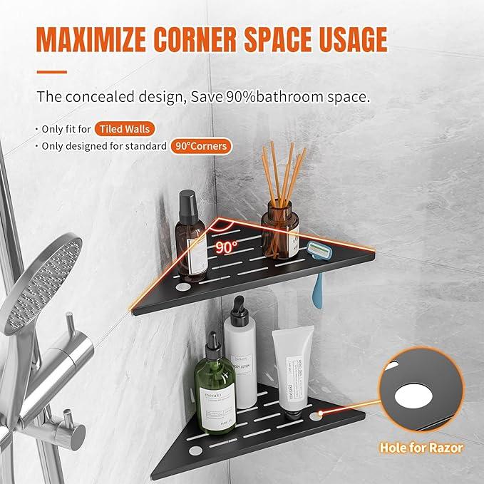 Corner Shower Shelf with Razor Hole, Modern Sturdy Shower Caddy, 10" 304 Stainless Steel Shower Organizers Bathroom Shelf for Tile Wall, No Drilling Grout Mount Shelf for Shower,Bathroom Accessories - ModernBath