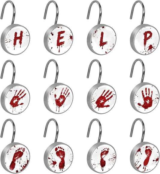 Halloween Help Me Scary Bloody Handprints Footprints Shower Curtain Hooks Set of 12 Rustproof Metal Shower Hooks for Curtains Rods Shower Curtain Rings for Bathroom Living Room Bedroom Decor
