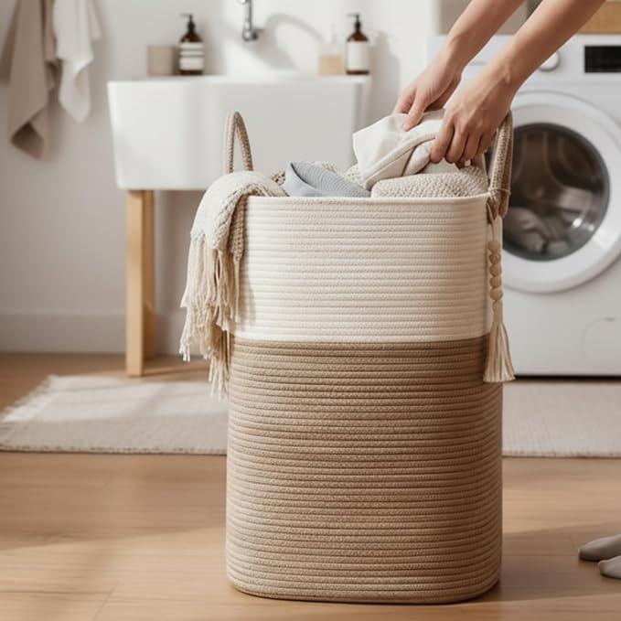 80L Tall Woven Laundry Hamper – Large Foldable Storage Basket with Handles for Clothes, Blankets, Toys, Bathroom, Living Room, Nursery Decor - ModernBath