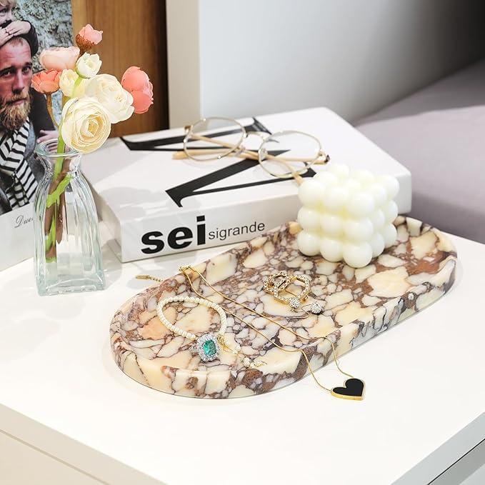 Koville Natural Decorative Marble Bathroom Tray, 12"x6" Calacatta Viola Marble Catchall Tray for Bathroom, Stone Perfume Trays Jewelry Dish for Dresser, Stone Storage Trays for Home Decor - ModernBath