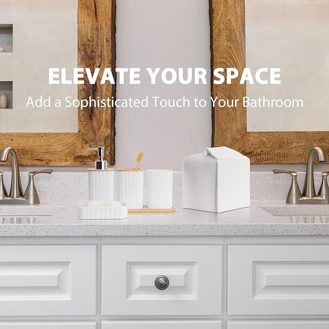 Bathroom Accessory Set - 10 Piece White Bathroom Sets Complete with Trash Can, Toothbrush Holder & Cup, Soap Dispenser, Soap Dish, Toilet Brush & Holder, Vanity Tray, Qtip Holder, Tissue Box Cover - ModernBath
