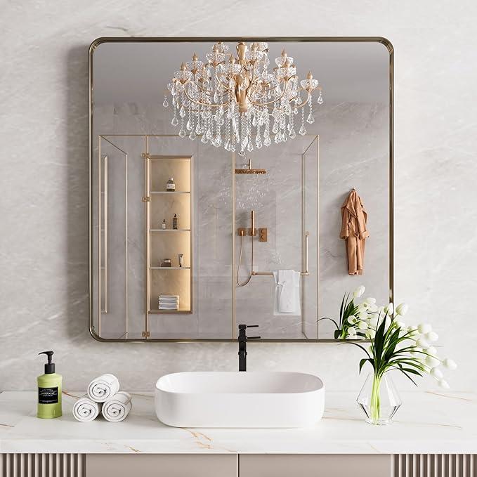 JISOSO Bronze Bathroom Mirror 36x36 Inch, Brushed Bronze Metal Frame Mirror for Wall, Rounded Rectangle Bathroom Vanity Mirror with Tempered Glass, Anti-Rust, Horizontal/Vertical - ModernBath