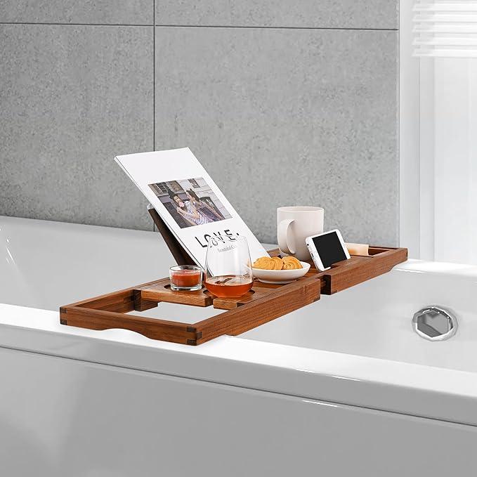 Utoplike Teak Bathtub Caddy Tray Bath Tray for Tub, Unique Bathtub Organizer with Book Tablet Wine Glass Cup Towel Holder, Adjustable, for Your Loved - ModernBath