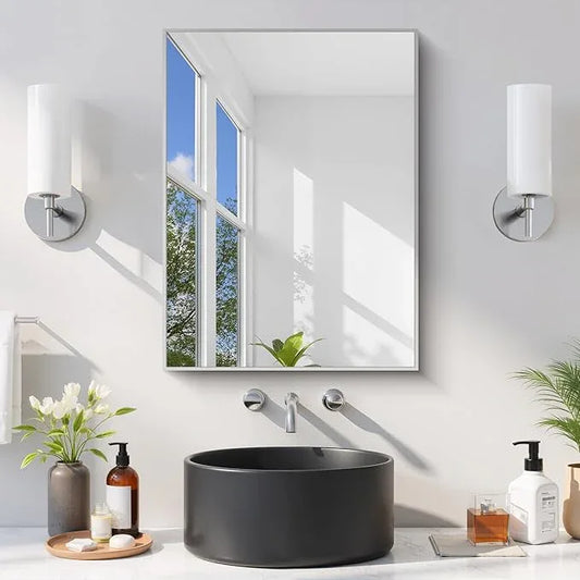 COFENY Silver Bathroom Mirror for Wall, 18x24 Inch Rectangle Mirror with Metal Frame, Modern Vanity Mirrors for Bathroom Living Room, Entryway Hangs Horizontal or Vertical - ModernBath