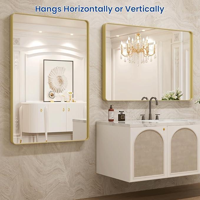 WEER Gold Bathroom Mirror, 48X30 Inch Brushed Gold Metal Frame Mirror, Rounded Rectangle Gold Bathroom Vanity Mirror for Wall, Tempered Glass, Anti-Rust, Hangs Horizontally or Vertically - ModernBath