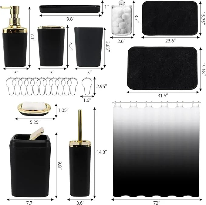 XLHOMO Bathroom Set - Black Bathroom Accessories Set, Bathroom Sets with Shower Curtain and Rugs, 24PC Shower Curtain Set with Hooks, Soap Dispenser, Soap Dish, Toilet Brush Holder and Trash Can - ModernBath