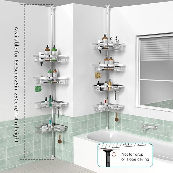 KEGII SUS304 Corner Shower Organizer, Stainless Steel Tension Pole Corner Bathroom Caddy, No Drilling Required Adjustable Shower Shelf for Inside Showers, Silver - ModernBath