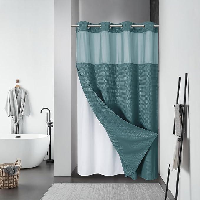 eachope SeawedGreen No Hook Waffle Weave Shower Curtain with snap-in Liner Replacement, 230GSM Waterproof Fabric Hotel Shower Curtain Set for Bathroom, Through Mesh Top Window,54Wx80H - ModernBath